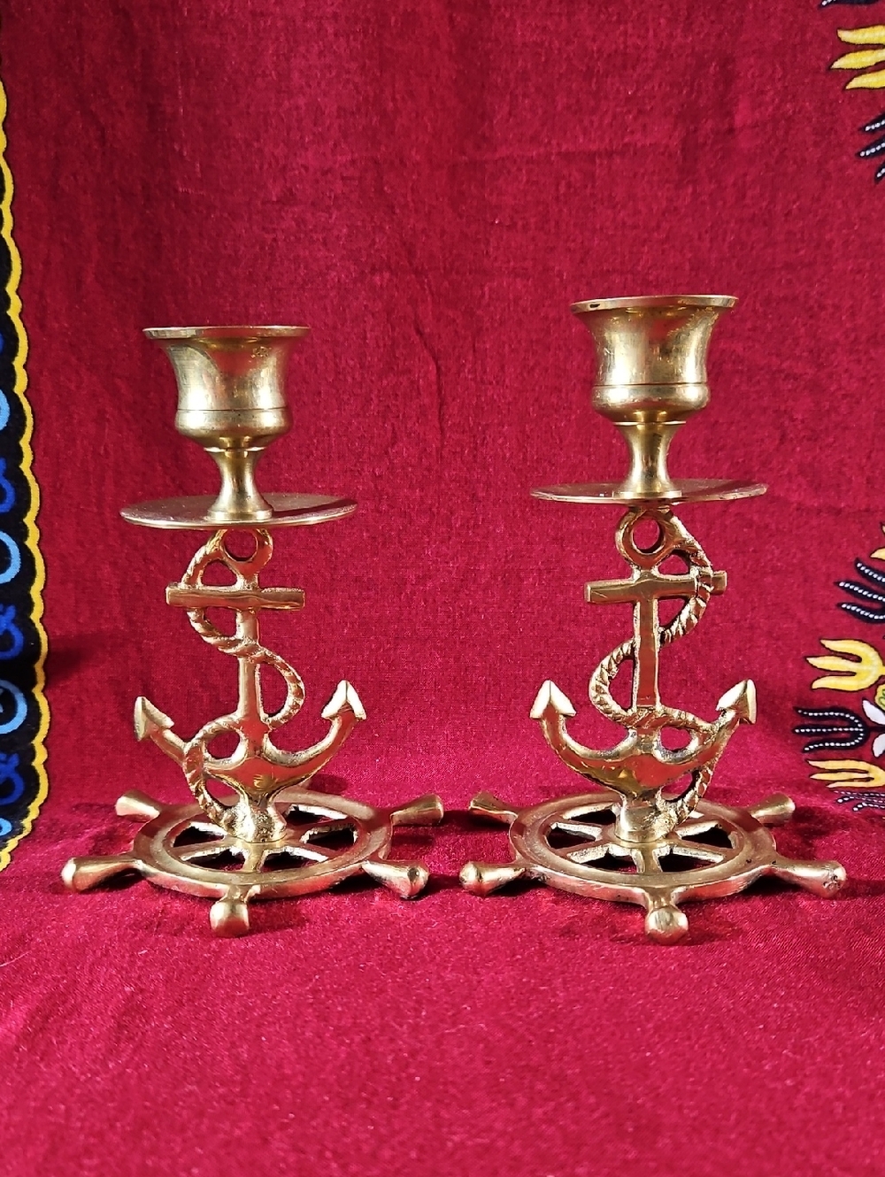 VTG Solid Brass Anchor/Ship Wheel/Rope Candle Holder Pair